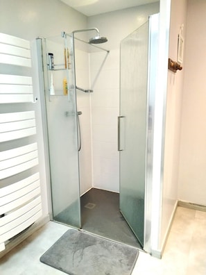Shower, towels, shampoo