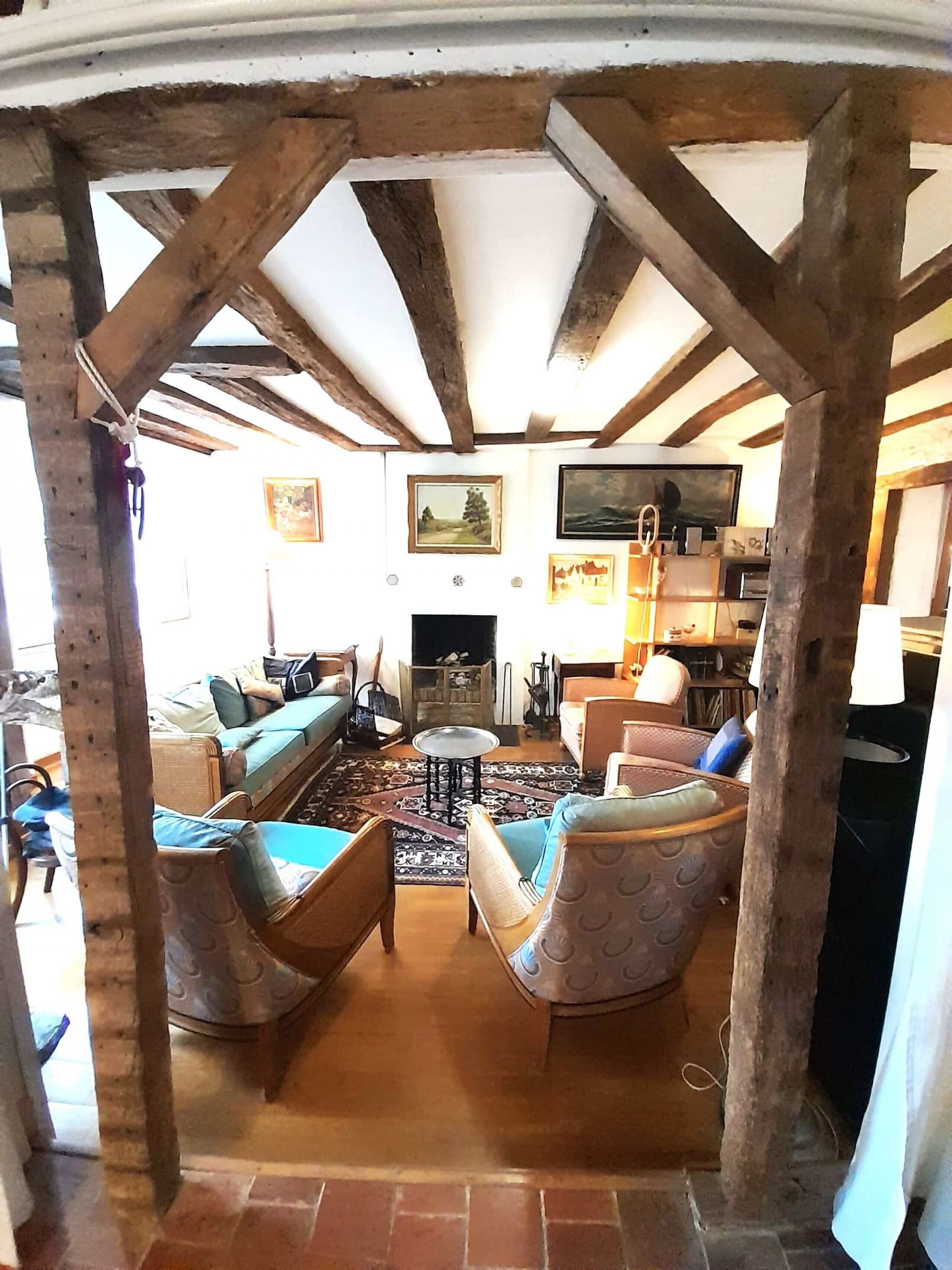 TV, fireplace, books