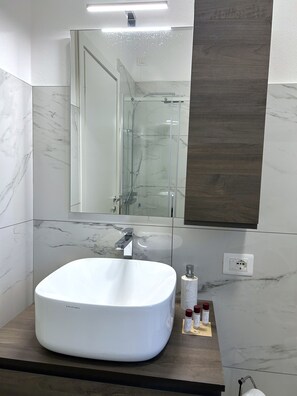 Shower, hair dryer, towels
