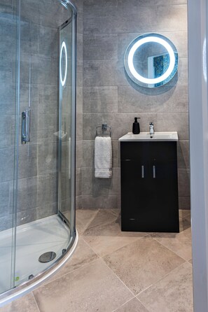 Shower, hair dryer, soap, toilet paper