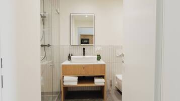 A modern bathroom with a glass shower enclosure, a wooden vanity with a sink, and a mirror.
