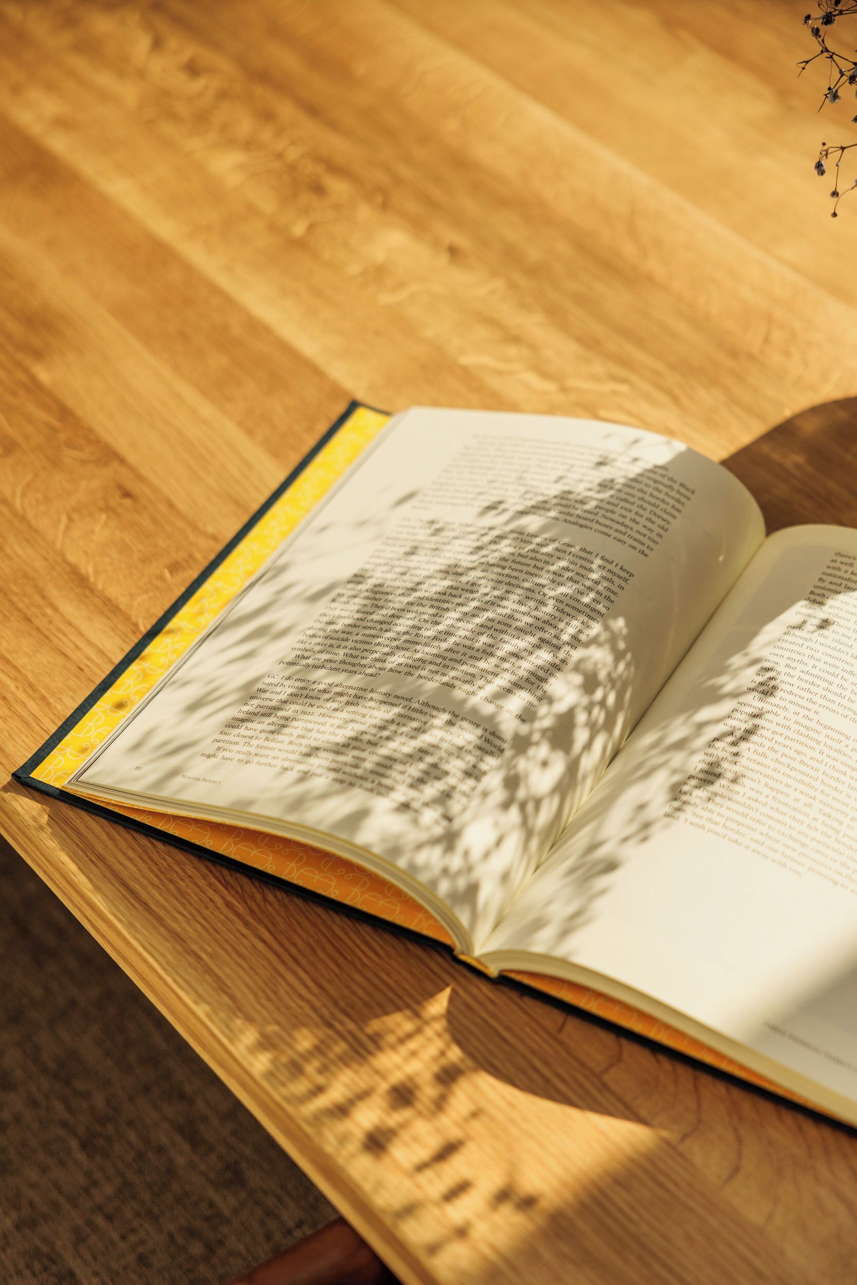 An open book on a wooden table.