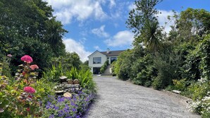 A gravel path leading to a white house with a dark roof, surrounded by lush greenery and flowering plants. - Lakeside Apartment Retreat in Oughterard Connemara (Oughterard)