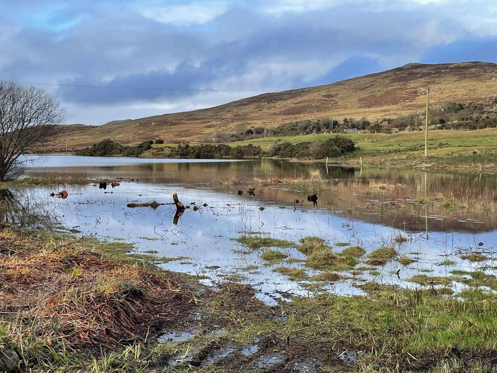 A natural landscape with a body of water, grassy areas, and hills in the background.