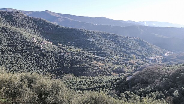 A mountainous landscape with scattered buildings and dense vegetation.