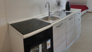 Una cocina moderna con campana extractora de acero inoxidable, un lavamanos doble y un horno empotrado.