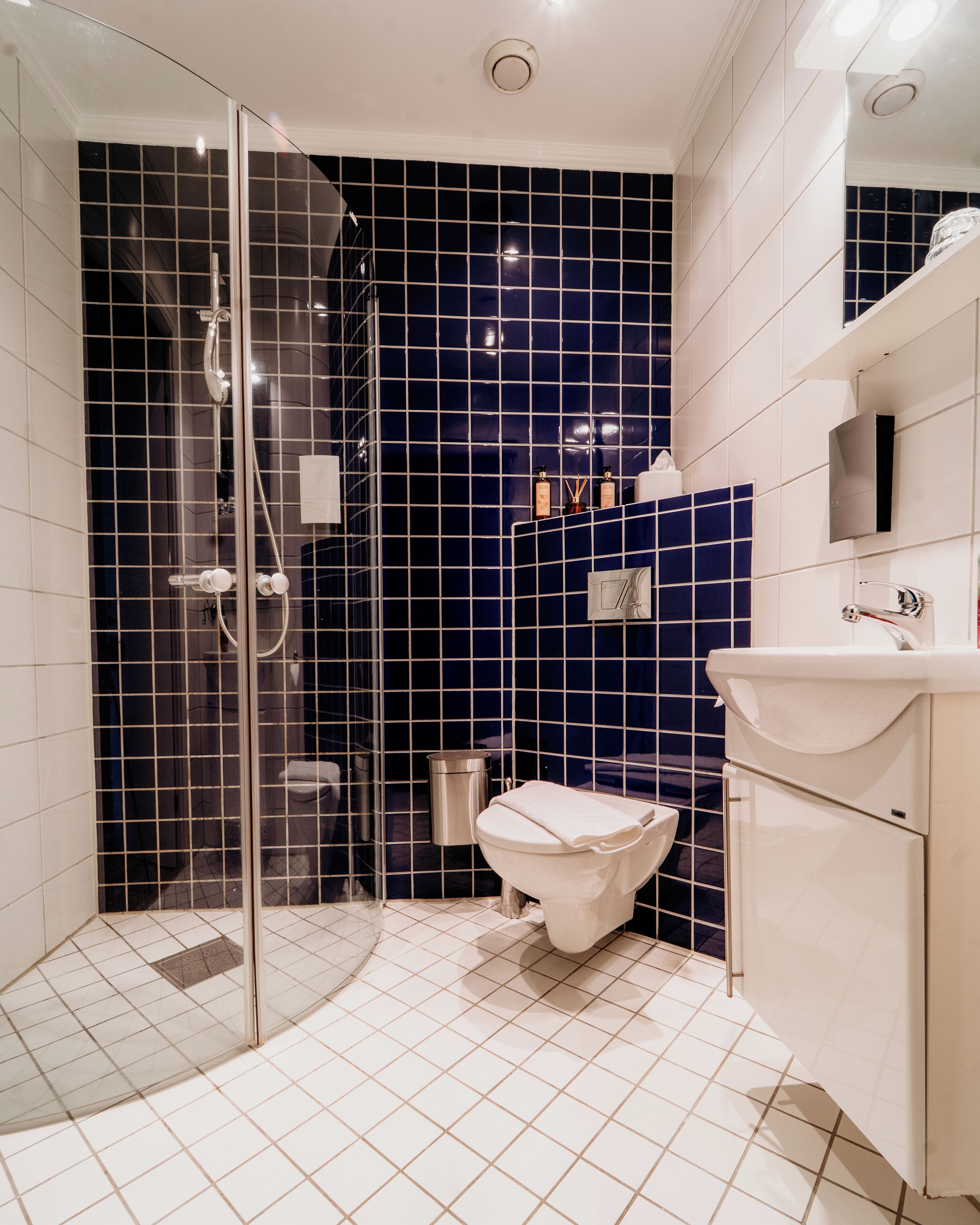 Une salle de bain moderne avec une douche à parois de verre, des toilettes blanches et un lavabo avec un miroir au-dessus.