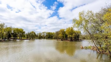 A calm lake surrounded by trees and a clear sky.