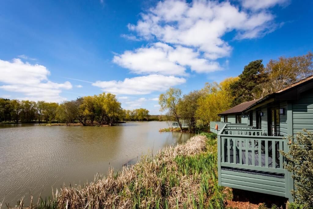 Eine Holzhütte am Seeufer mit einer Veranda mit Blick auf das Wasser, umgeben von Bäumen und Pflanzen.