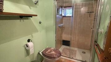 Un bagno con il water, bidet e doccia.