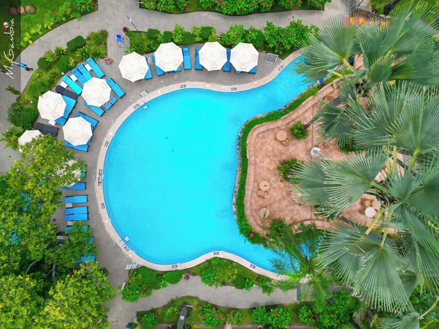 An aerial view of a resort with a large swimming pool, sun loungers, and palm trees.
