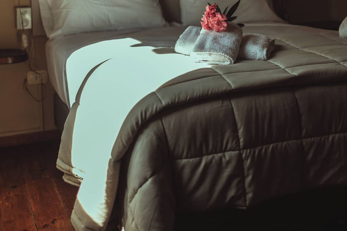 Una cama bien hecha con un cojín floral, una obra de arte con cactus en la pared y una lámpara de noche.
