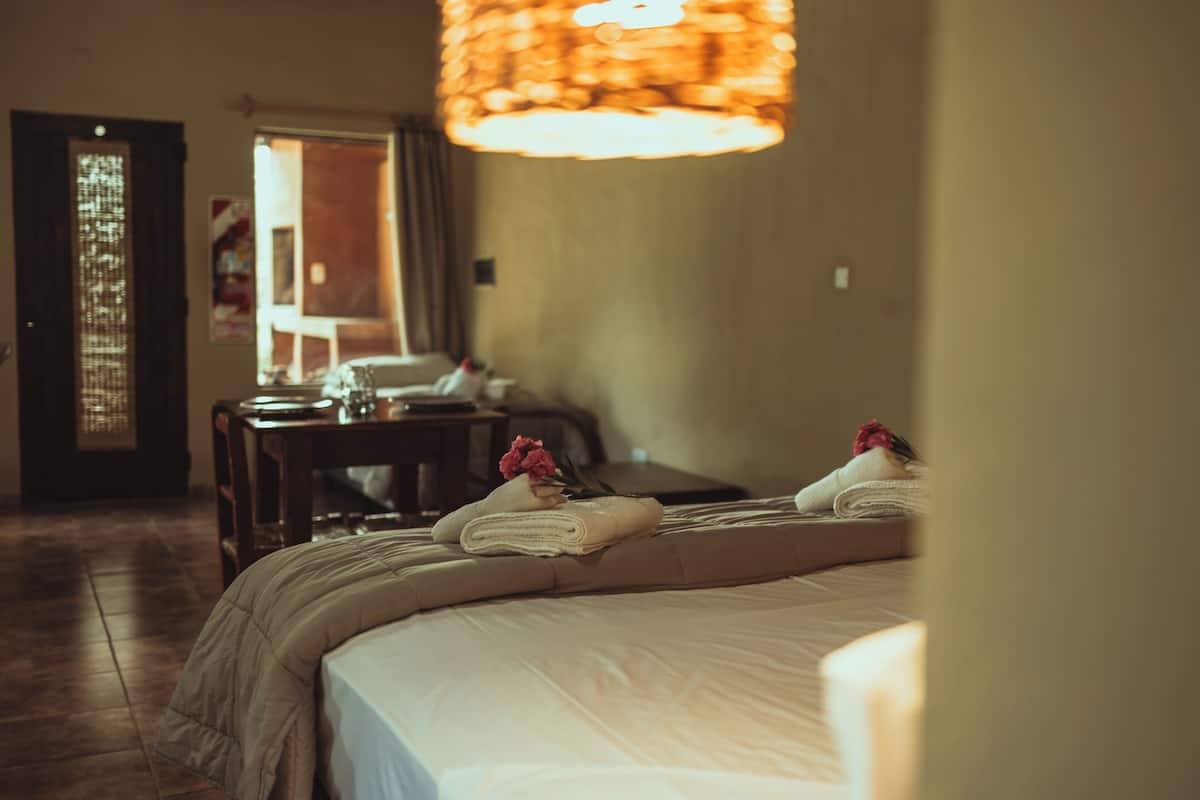 Una habitación de hotel con una cama, un escritorio y una silla.
