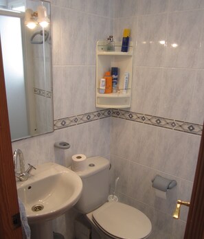 Shower, towels, soap, toilet paper