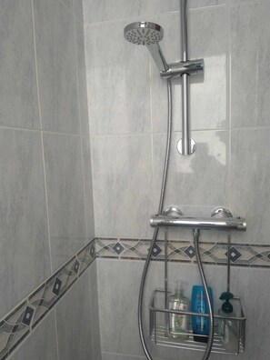 Shower, towels, soap, toilet paper