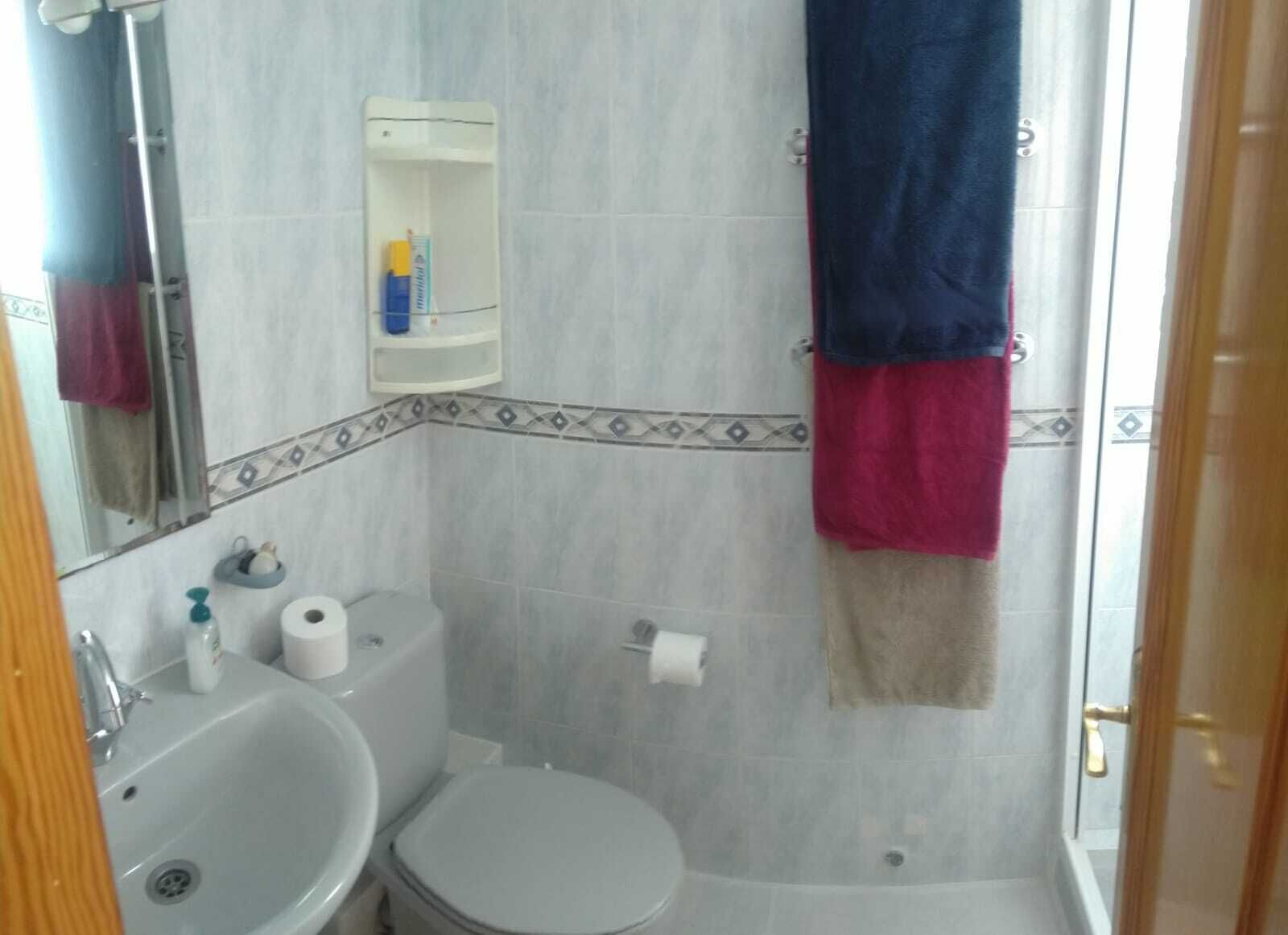 Kylpyhuoneessa on pesuallas, wc ja suihku. Siellä on myös peili, pyyheteline ja hylly, jossa on hygieniatuotteita.