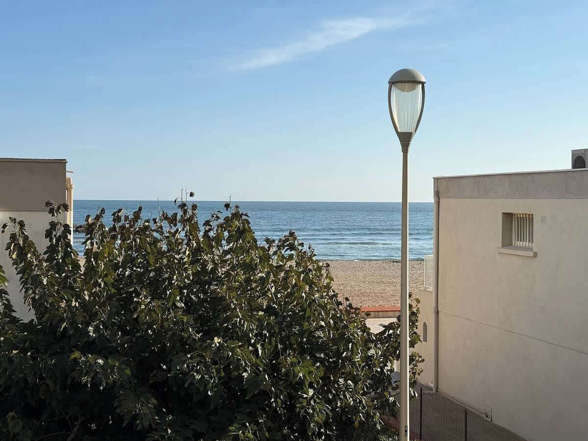 A view of a beach with a lamp post and foliage in the foreground.