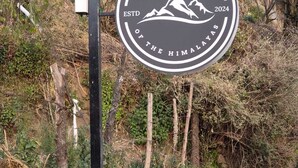 A sign for Echoes of the Himalayas, established in 2024, with a mountainous logo. - Echoes of the Himalayas (Suwakholi)
