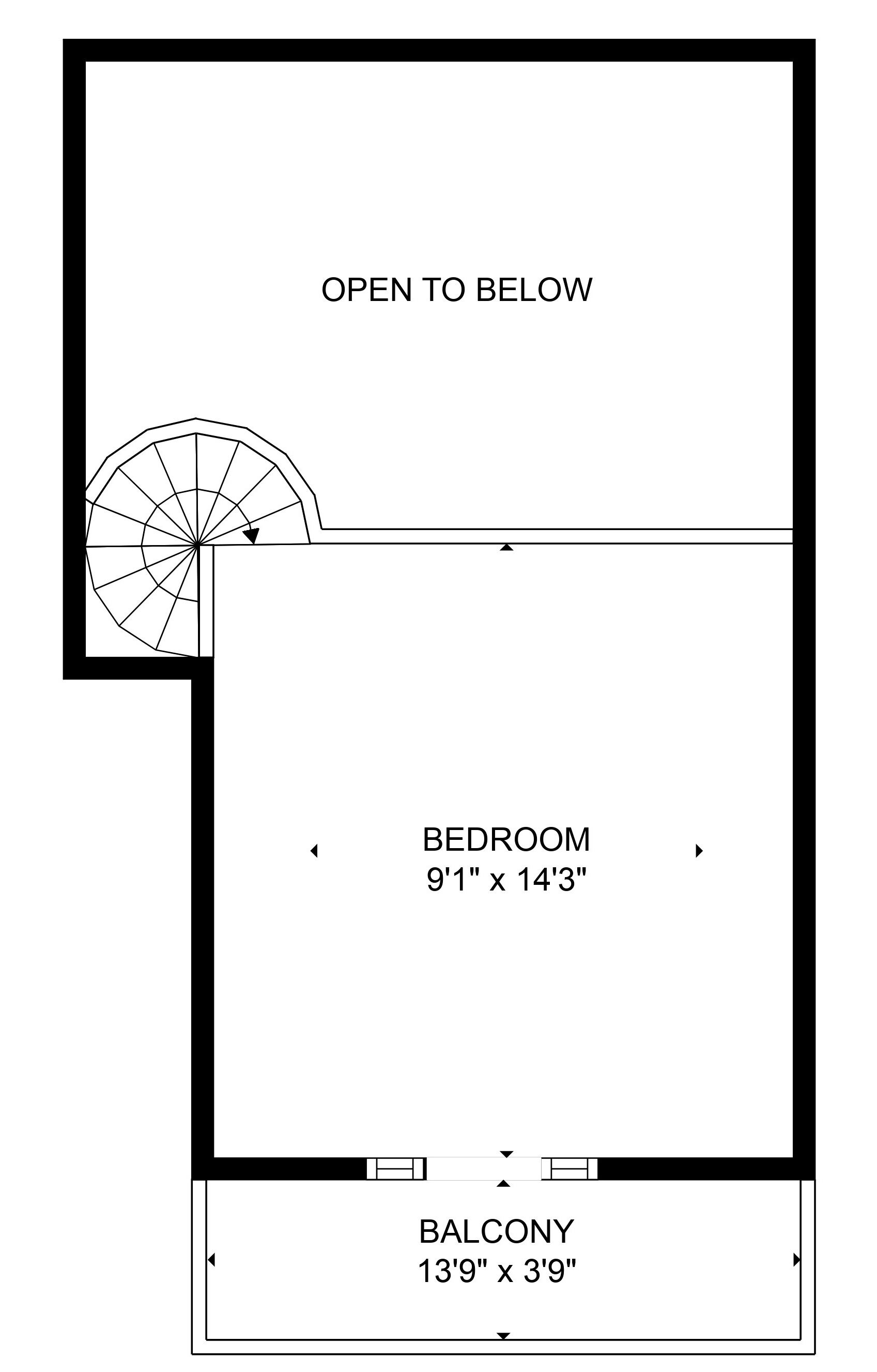 A floor plan with a bedroom measuring 9'1" x 14'3" and a balcony measuring 13'9" x 3'9".