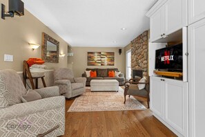 Smart TV, fireplace, video games, books