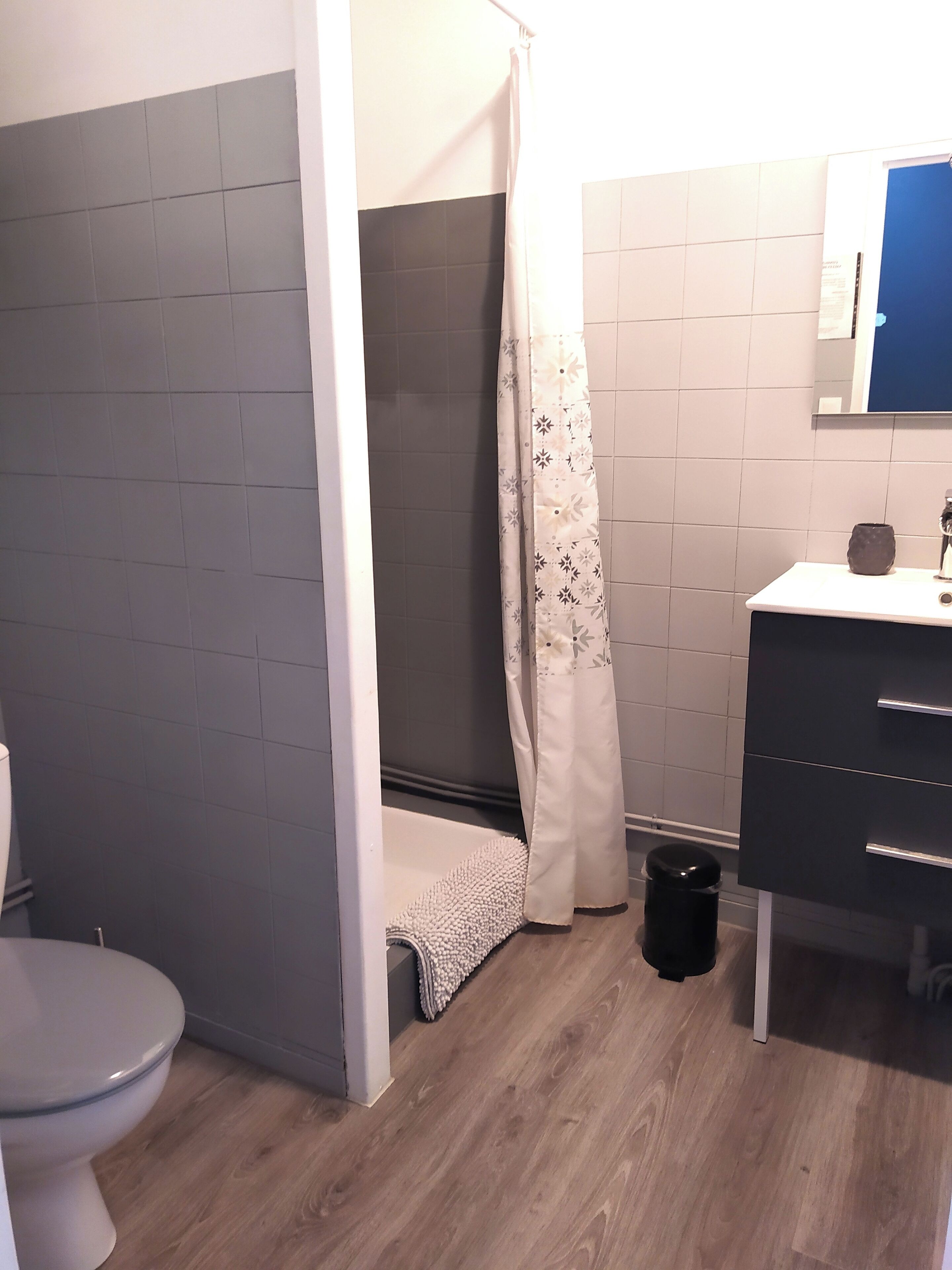 Un baño con inodoro, ducha y zona de lavamanos.