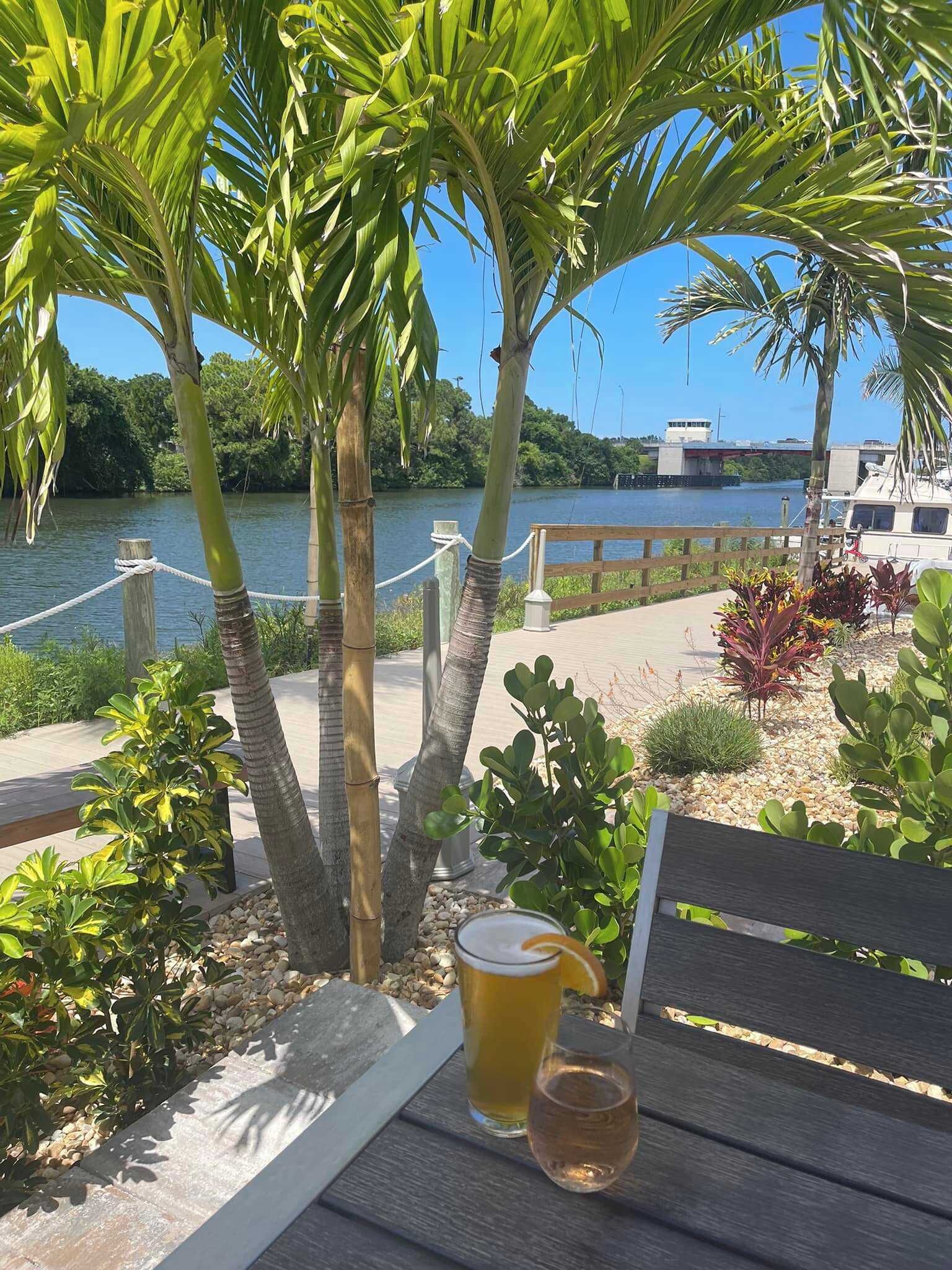 Un banco de madera con una cerveza y una bebida, rodeado de plantas tropicales y vistas a un río.