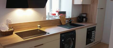 Fridge, oven, stovetop, electric kettle