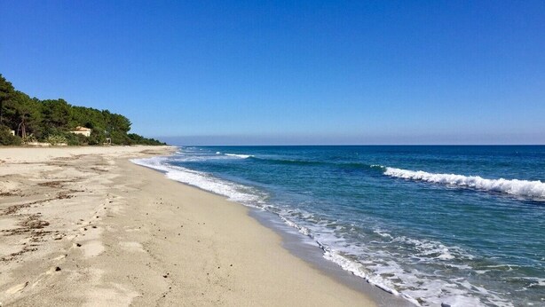 A beach with clear blue water, sandy shore, and a building on the left. - Luxury Lodge for 5 people (Ghisonaccia)