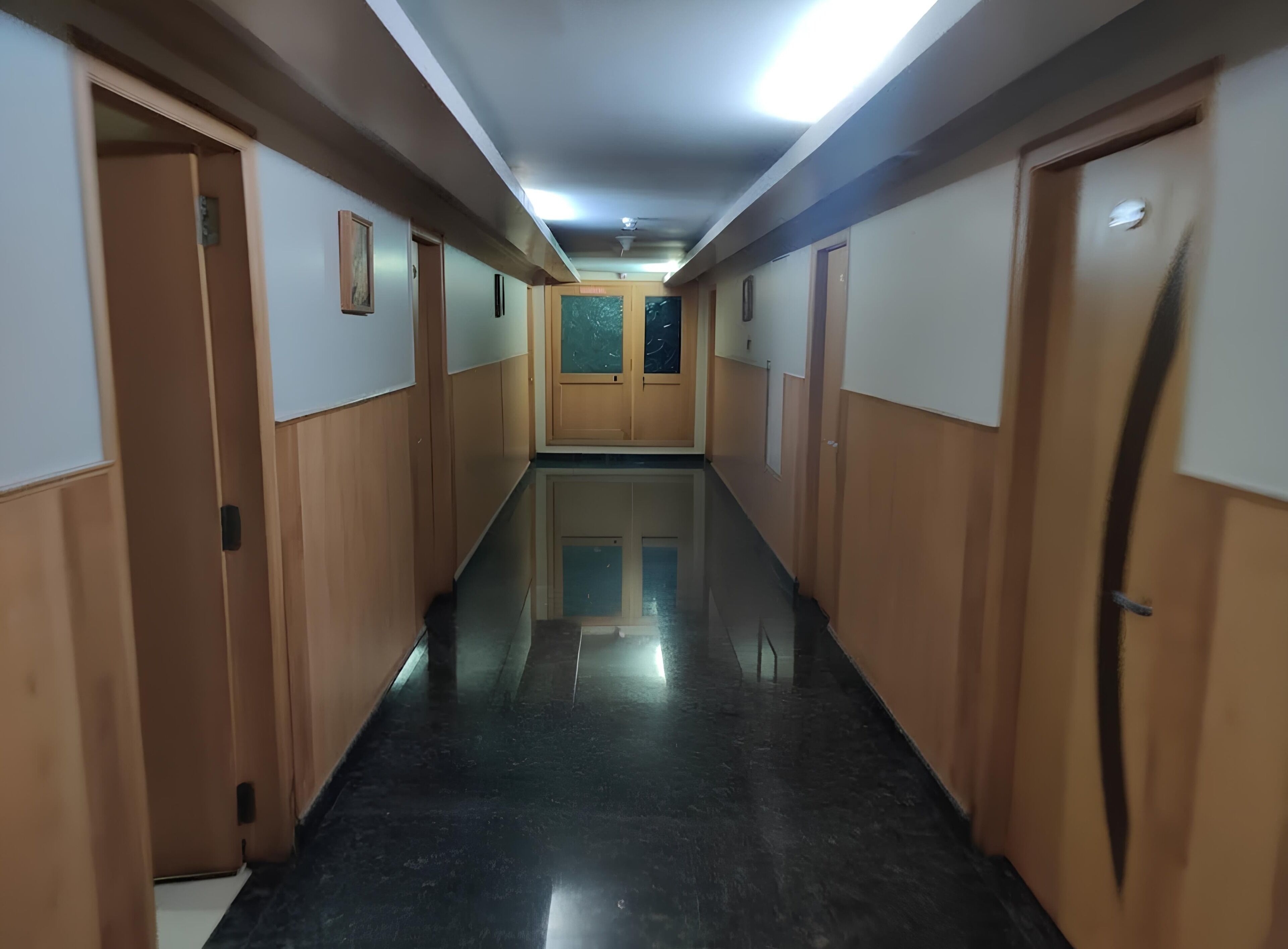 A long, narrow hallway with wooden doors on both sides and a reflective black floor.