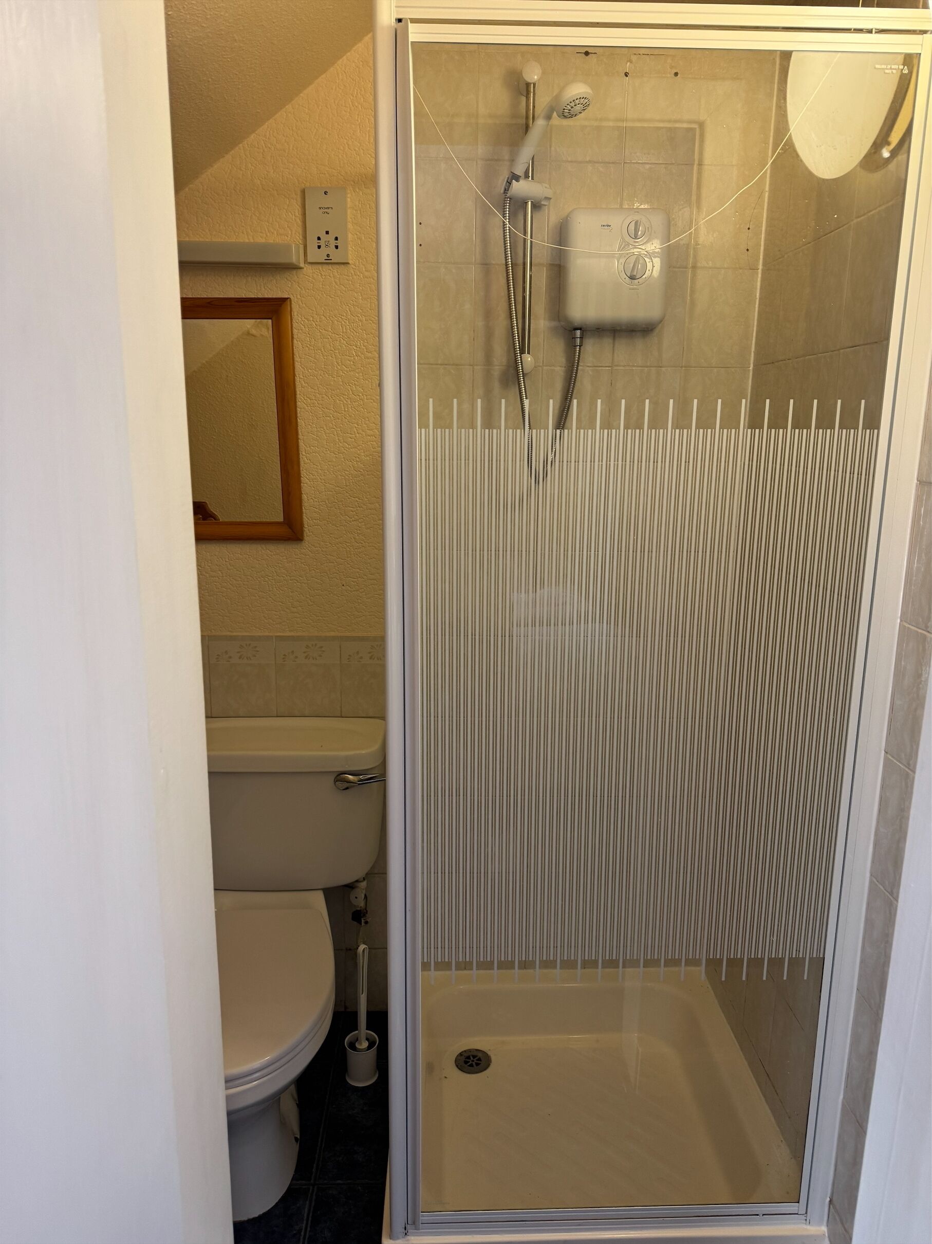 Un baño con ducha acristalada, inodoro y espejo en la pared.