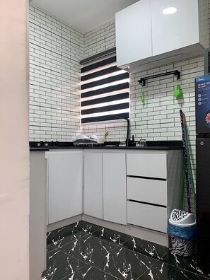 Fridge, microwave, oven, electric kettle