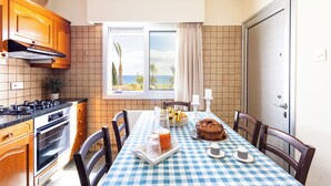 Una cocina con mantel a cuadros, estufa y vistas al exterior.