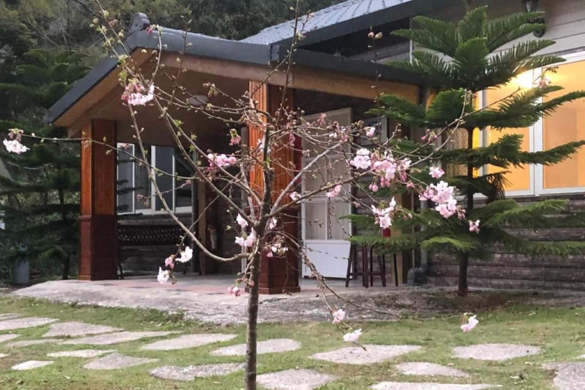 A building with a traditional architectural style, a stone pathway, and a tree with pink blossoms.