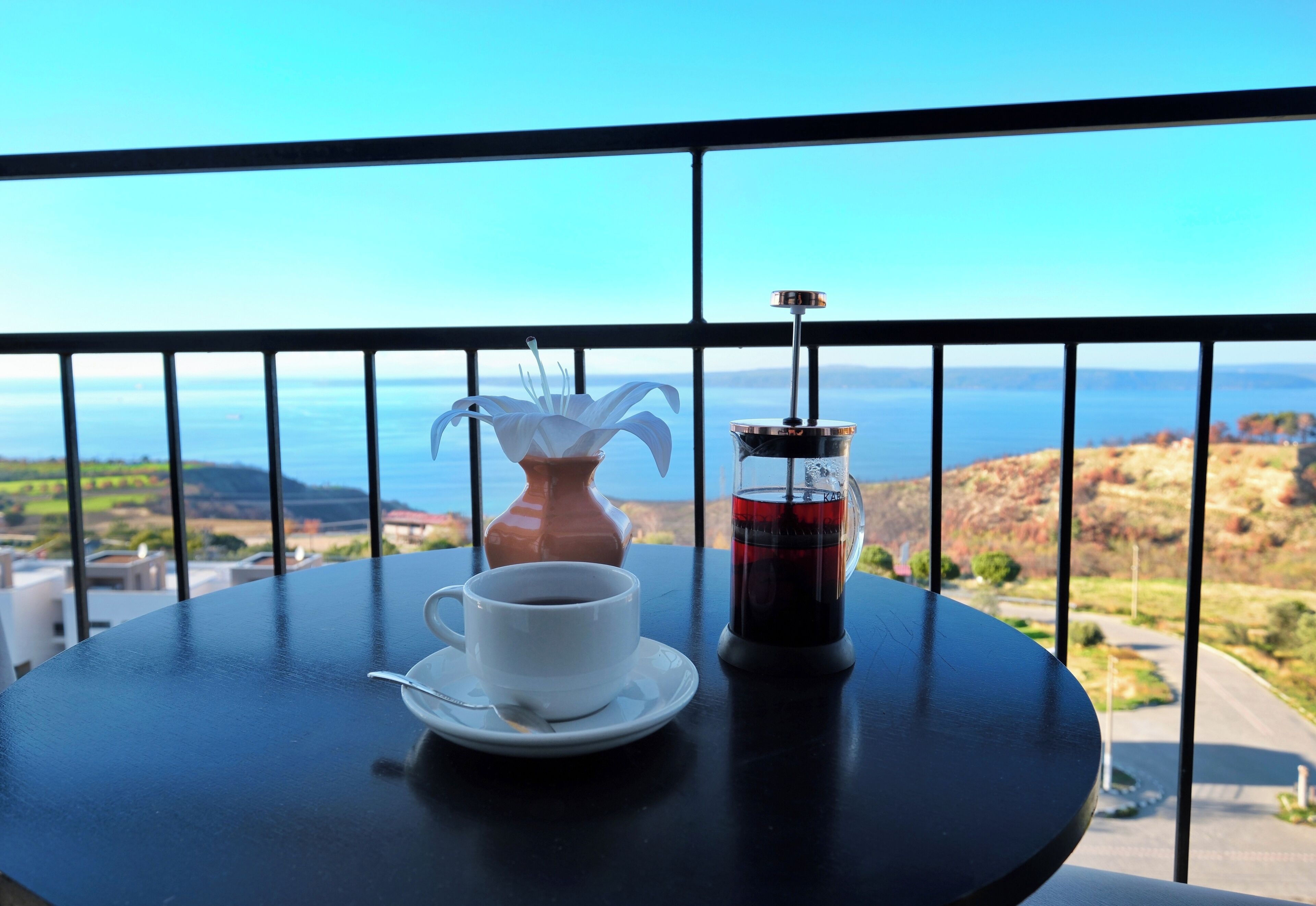 A table with a white cup and saucer, a glass pitcher, and a flower vase on a balcony overlooking a scenic view.