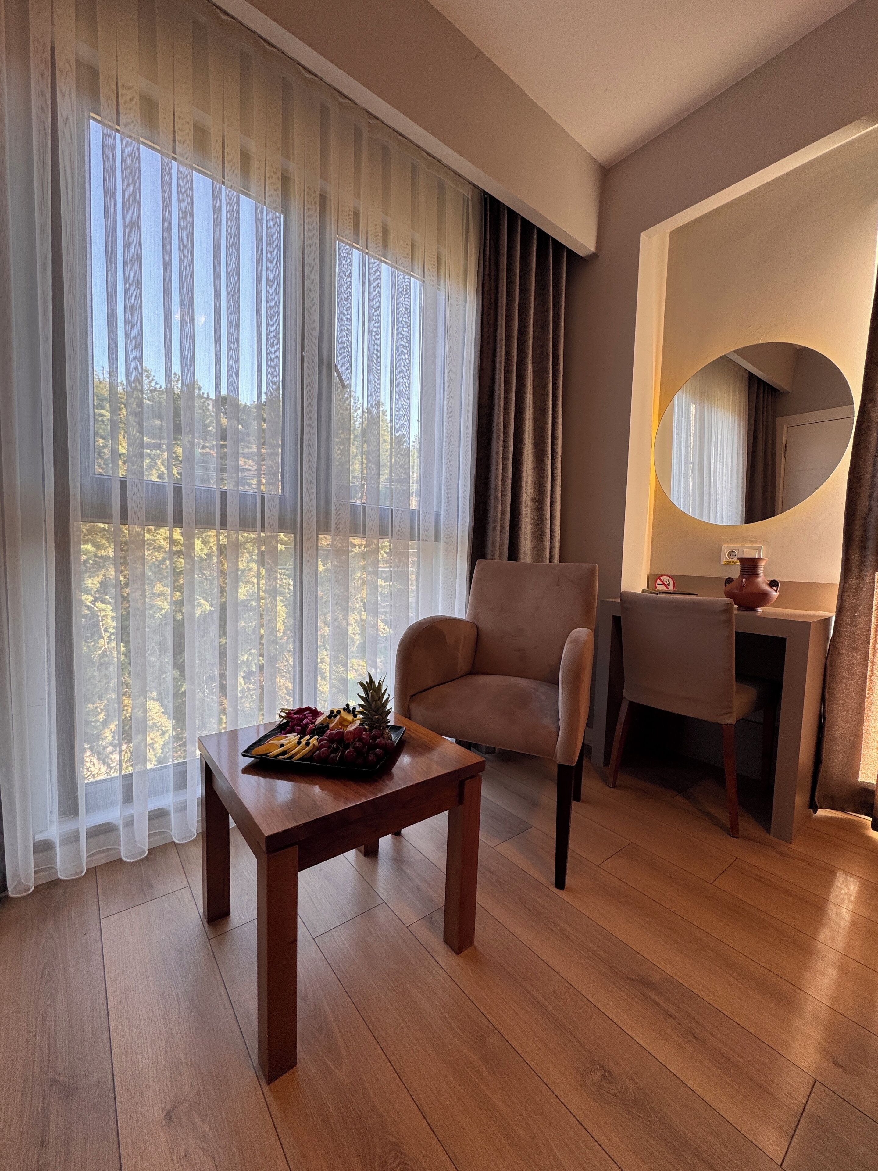 A modern hotel room with a wooden floor, a dining table with a fruit bowl, a comfortable armchair, a small desk with a mirror, and sheer curtains over a large window with a view of trees.