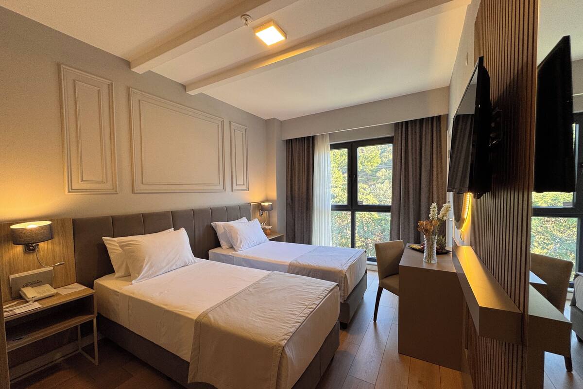 A hotel room with two beds, a desk, a chair, a TV, and a window with a view of trees.