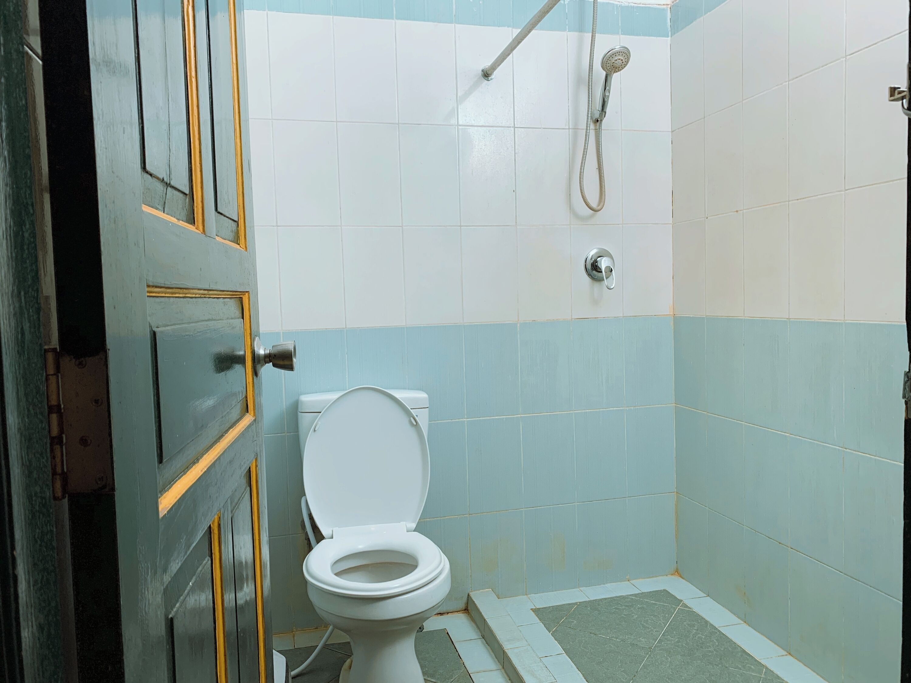 A small bathroom with a toilet, a shower, and a door.