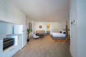 Cozy living space with a kitchenette, seating area, and bedroom, featuring a bed and a potted plant.