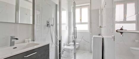 Shower, hair dryer, bidet, towels