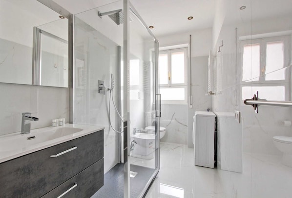 Shower, hair dryer, bidet, towels