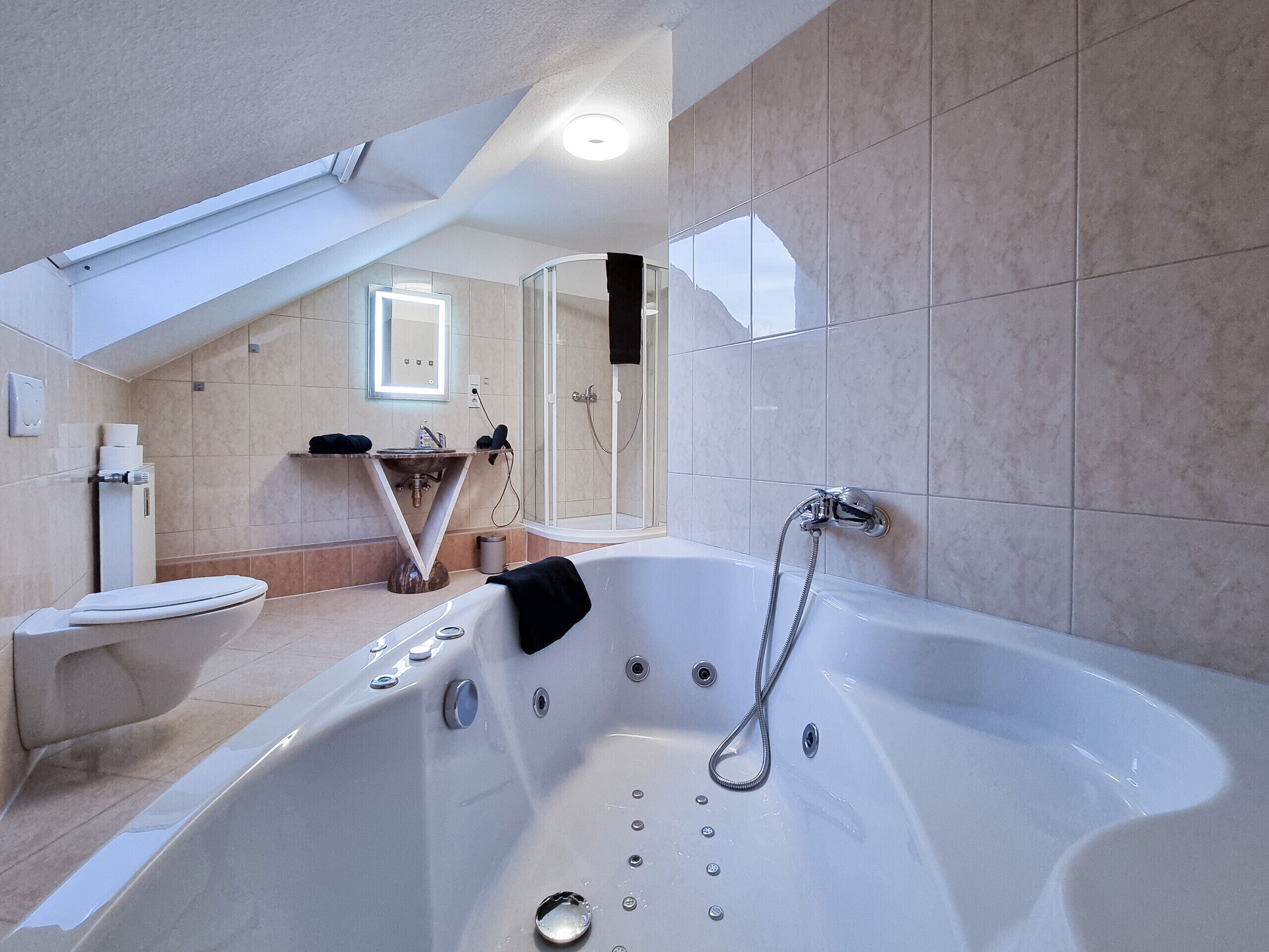 Dusche, Haartrockner, Handtücher, Toilettenpapier