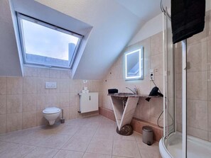 Shower, hair dryer, towels, toilet paper