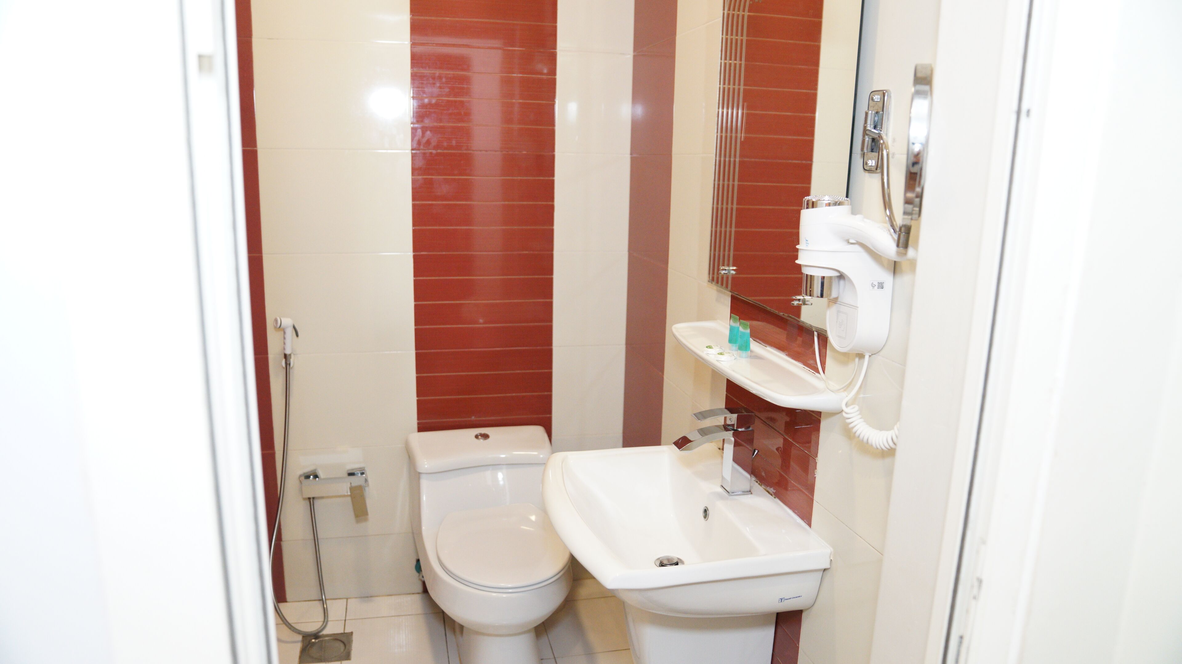 A bathroom with a toilet, bidet, and a sink.