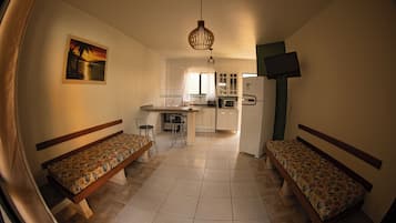 Apartment, Patio | Private kitchen | Fridge, microwave, cookware/dishes/utensils