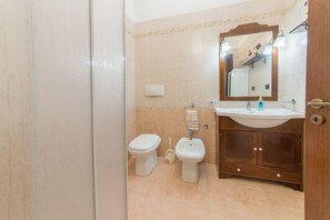 Een douche, een haardroger, een bidet, handdoeken