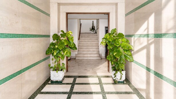 Um corredor com piso de azulejos, escada e duas plantas em vasos.