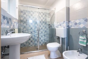 Shower, hair dryer, bidet, towels