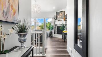 Smart TV, fireplace, books