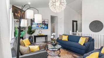 Smart TV, fireplace, books