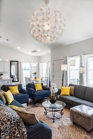 TV connectée, cheminée, livres